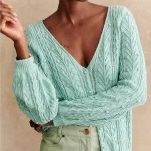 Sézane Beryl Cardigan Textured Cotton Knitwear in Seafoam | FR XXL, US 12
